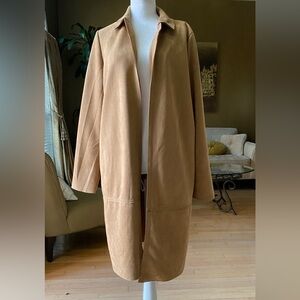 Philosophy Camel Faux Suede Long Duster Coat Open Front Excellent Condition Med